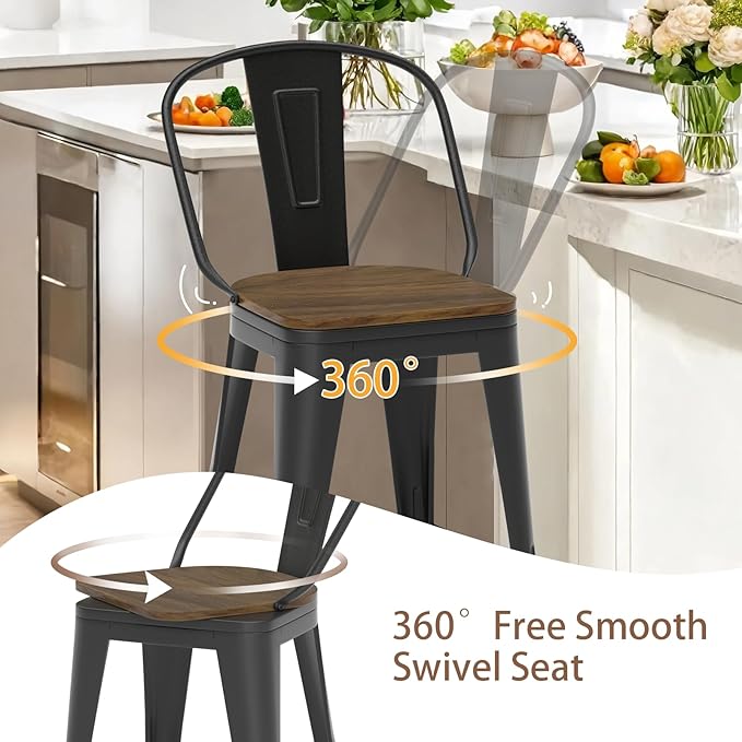 24” Swivel Bar Stools Set of 4, Counter Height Bar Stools Wooden Seat, Metal - Image 5