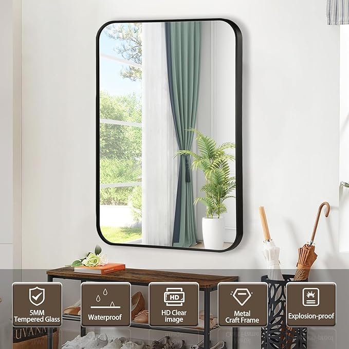 Black Bathroom Mirror, 20x30 Inch Matte Black Mirror, Aluminum Alloy Framed - Image 2