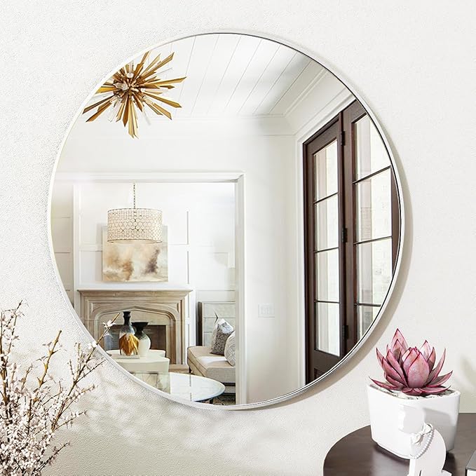 Silver Round Bathroom Mirror, 24 inch Circle Wall Mounted Hanging Mirror - Image 6