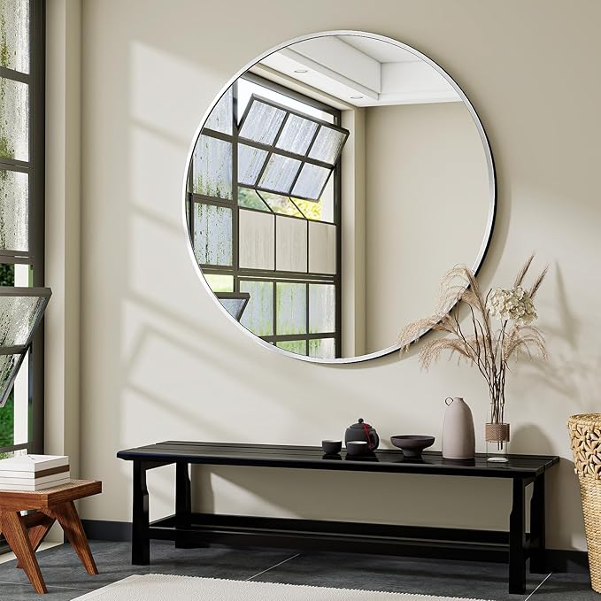 Black Round Bathroom Mirror, 42 inch Large Circle Wall Mounted Hanging Mirror by VooBang