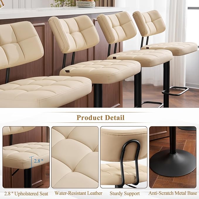 Furniliving Modern Bar Stools Set of 2 Faux Leather, Upholstered Swivel - Image 5