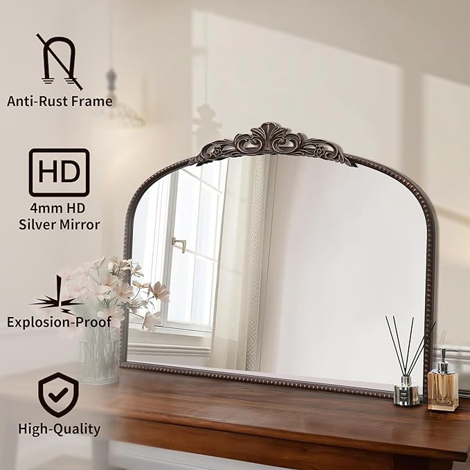 Micasso Bronze Vintage Wall Mirror: 24"x 32" French Baroque Antique Arched Wall - Image 2