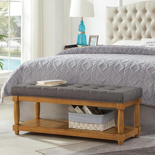 24KF Large Rectangular Upholstered Tufted Bed Bench, Linen Fabric Storage by WEMARTHOMEDECOR