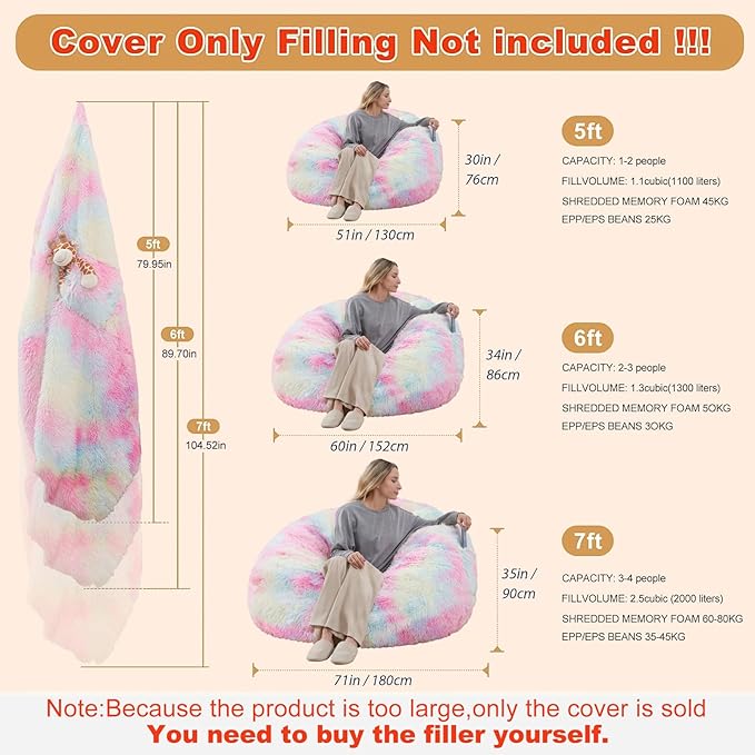 6FT Fur Comfy Bean Bag Cover for Living Room, Big Fluffy Stuffed Animal Storage - Image 2