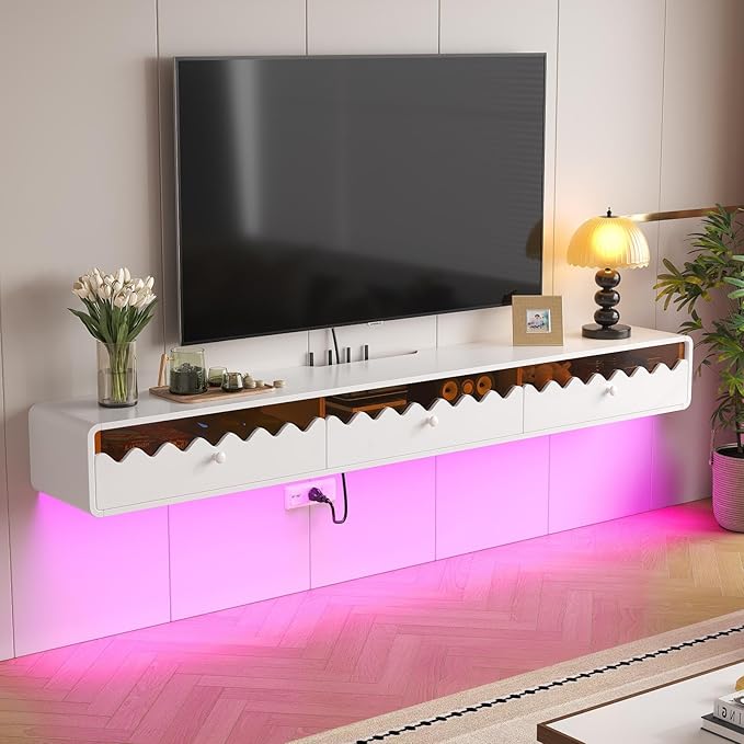 Floating TV Stand, 55IN Fully-Assembled Wall Mounted Wave Glass by FloatiCasa