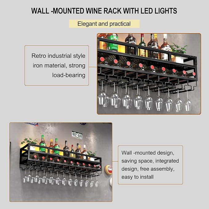 Pengfei LED Wine Rack Wall Mounted, Industrial Metal Wall Wine Shelf & Glass - Image 4