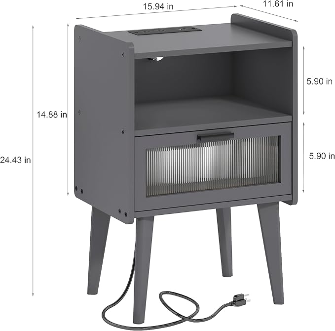 Nightstand with Charging Station, Bedside Tables Set of 2, End Table Side Table - Image 3