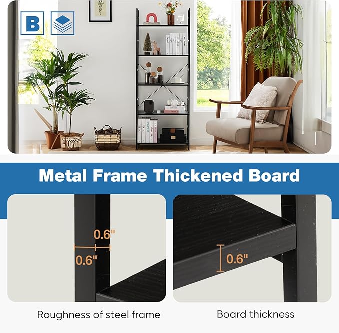 DUMOS 5 Tiers Bookshelf, Classical Book Shelf, Tall Display Shelves in Living - Image 4