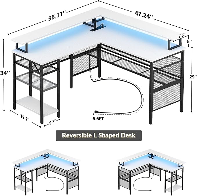 Unikito L-Shaped Desk with LED Strip and Power Outlets, Reversible Corner - Image 3