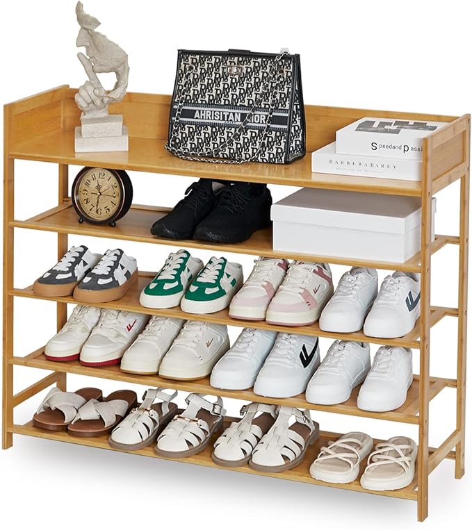 Bamboo Shoe Rack Organizer, 5 Tier Shoe shelf Storage Organizer, by Suwoic
