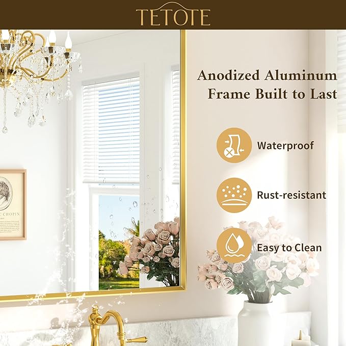 TETOTE Brushed Gold Mirror for Bathroom Sink 24" x 32" Beveled Frame Brushed - Image 8