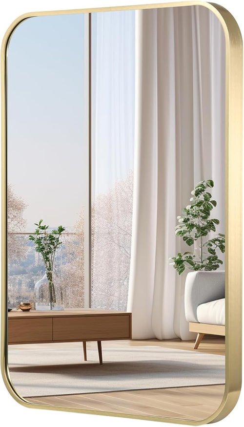 20x30 Inch Gold Bathroom Mirror, Brushed Gold Metal Framed Rectangular Mirror by JENBELY