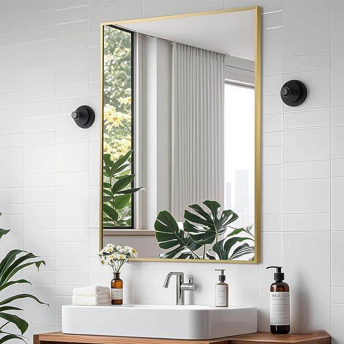 Brushed Gold Mirror, 30x36 Inch Aluminum Framed Rectangle Mirror, Tempered Glass - Image 8