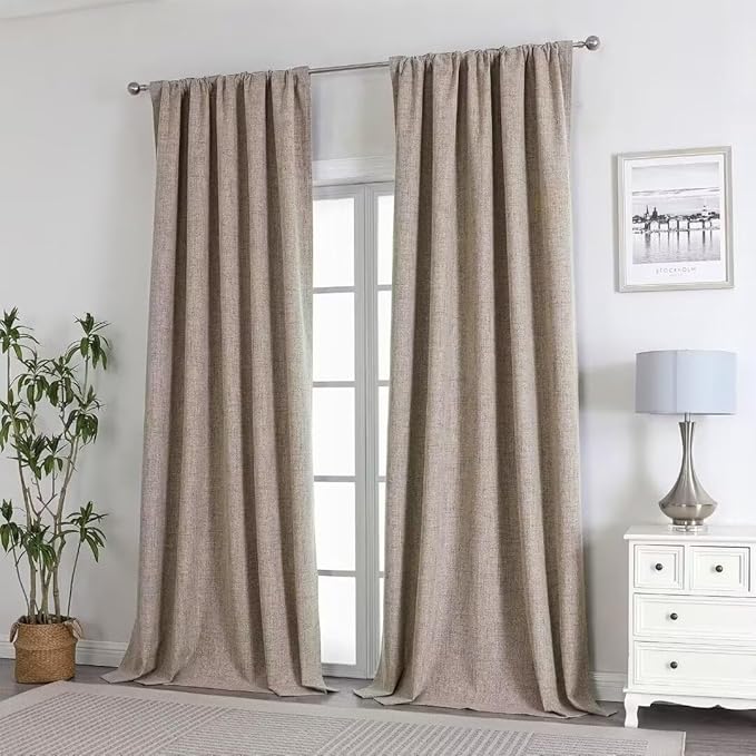 Joydeco Natural Linen Curtains 108 inch Length 2 Panels Set Burg 100% Blackout - Image 7