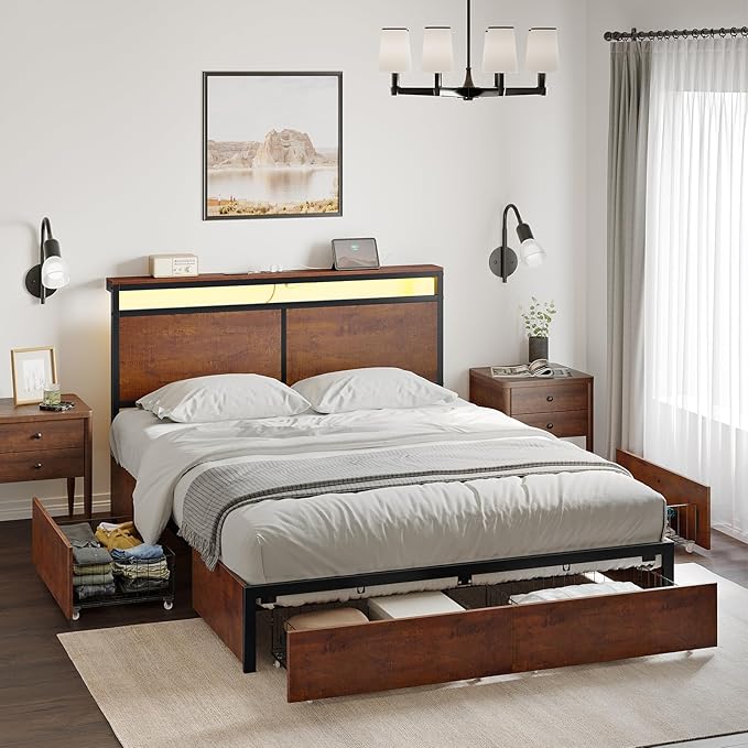 Queen Bed Frame with Storage Headboard and 4 Drawers Bed Frame Queen Size with by HAUSOURCE