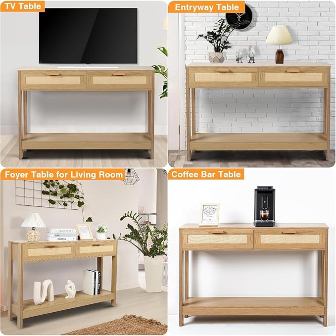 Console Table with Rattan Drawers Boho Entryway Table Narrow Long Sofa Table - Image 8