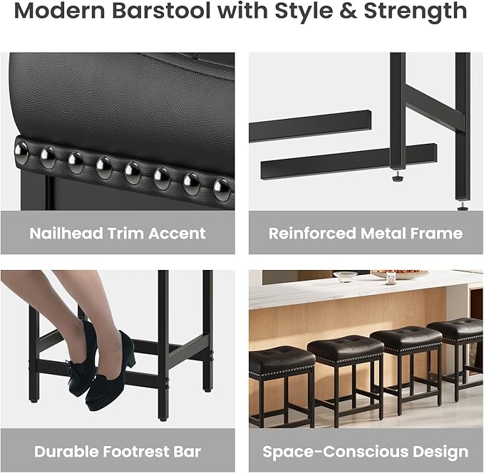 MALOL Set of 2 Saddle Bar Stools Counter Height 24.4”, Modern PU Leather - Image 5