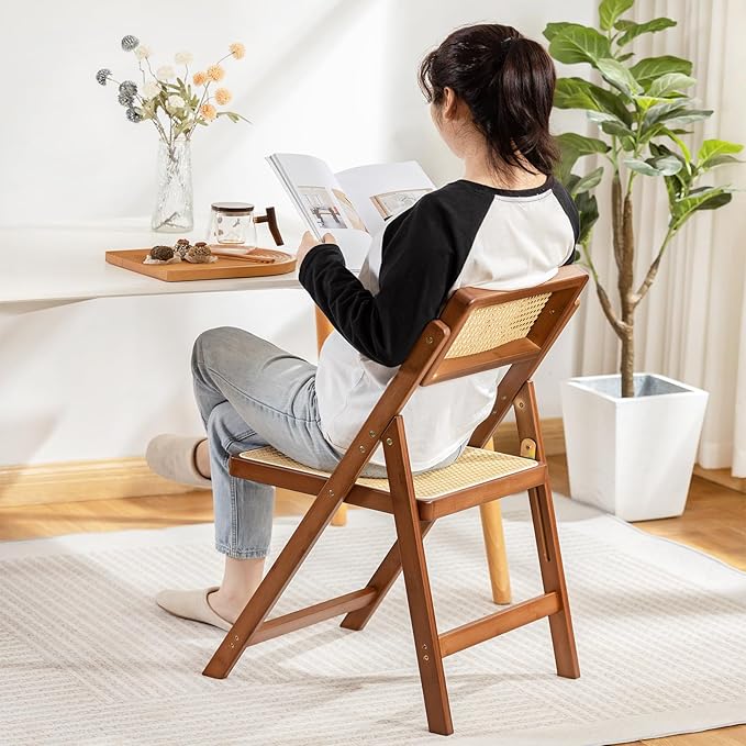 Rattan Folding Chair, Modern Mid Century Dining Chairs Set of 1, Comfy Outdoor - Image 5