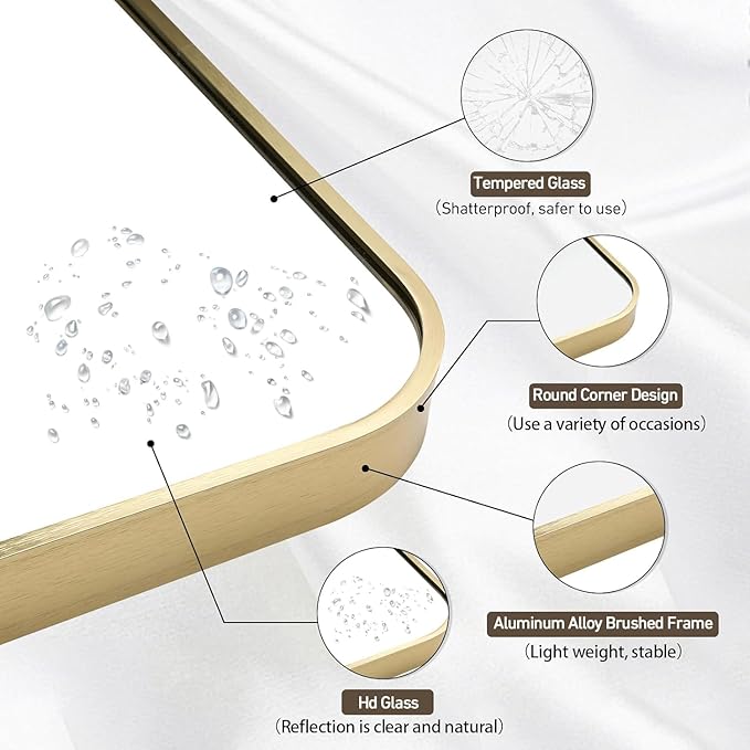 Gold Bathroom Mirror, 40x30 Inch Brushed Gold Mirror, Aluminum Alloy Framed - Image 3