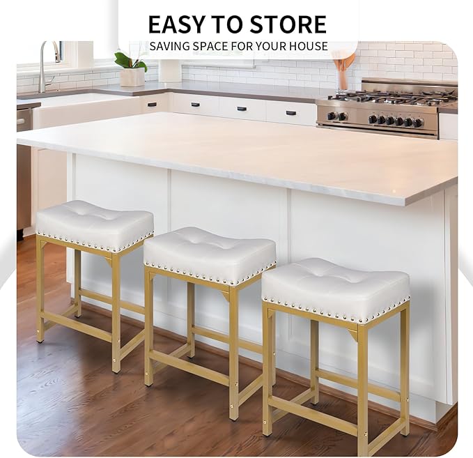 White & Gold Counter Height Bar Stools Set of 3, Modern Counter Stool Set of 3 - Image 2