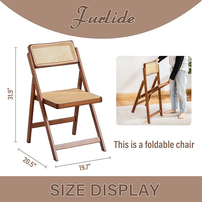 Rattan Folding Chair, Modern Mid Century Dining Chairs Set of 1, Comfy Outdoor - Image 3