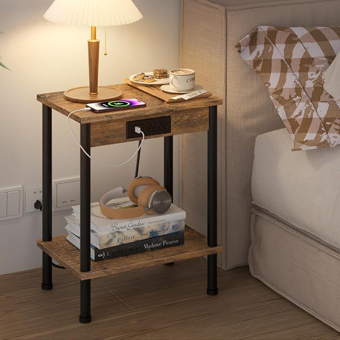 End Table with Charging Station, Small Side Table, 2-Tier Nightstand with - Image 4