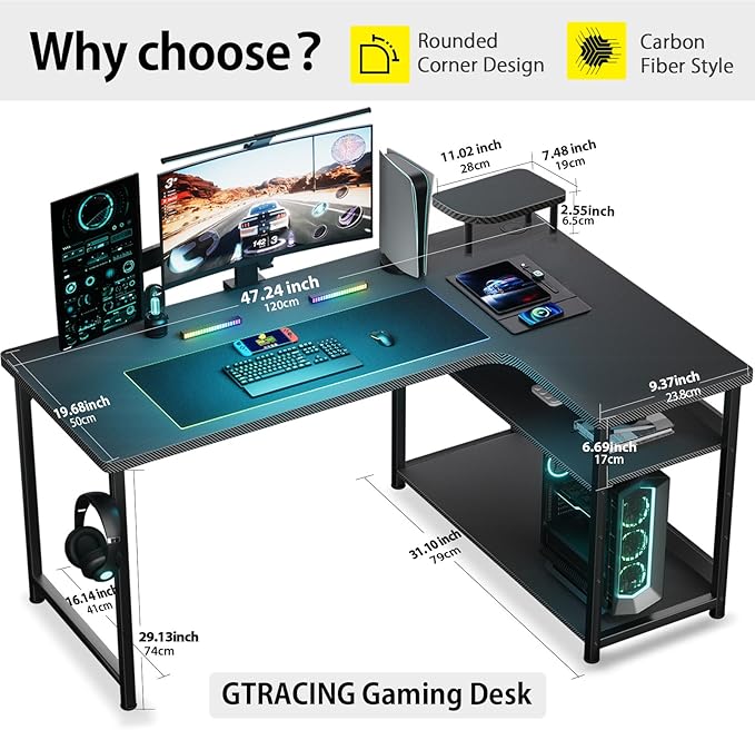 GTRACING L Shaped Gaming Desk, Carbon Fiber Style Computer Desk Compatible - Image 5