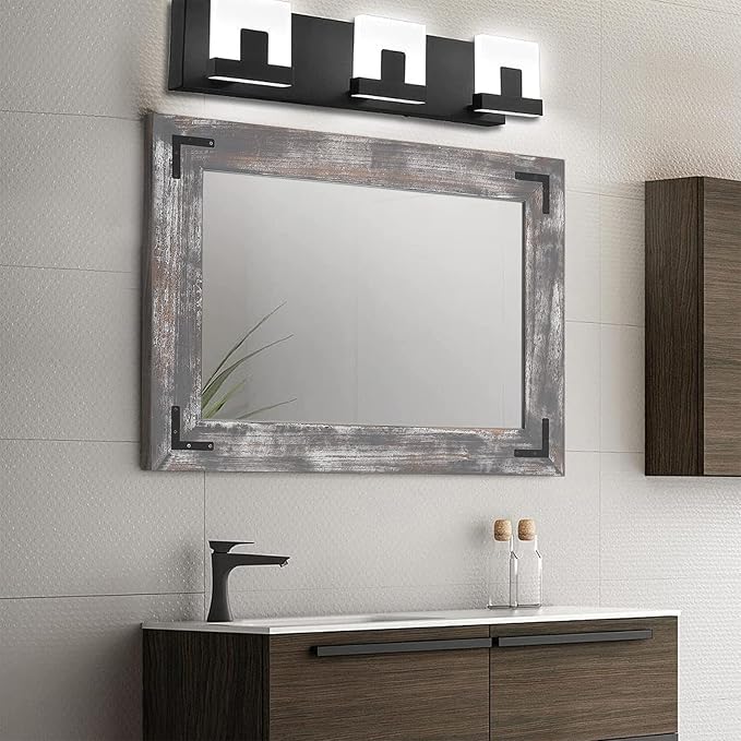 YOSHOOT Rustic Wooden Framed Wall Mirror, Natural Wood Bathroom Vanity Mirror - Image 3