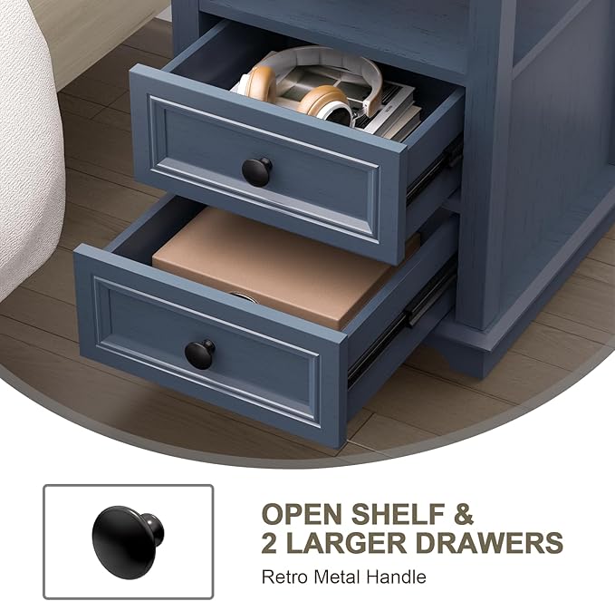 End Table with Fast USB C Charging Station, Large Storage Rustic Wood Square - Image 6
