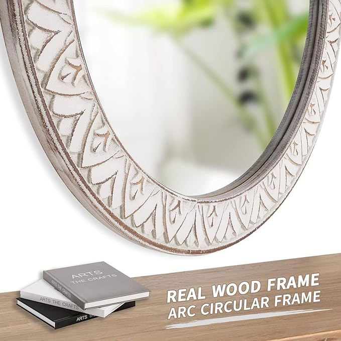24" Round Mirror Farmhouse Wooden Frame Circle Mirrors, Rustic Decorative - Image 4