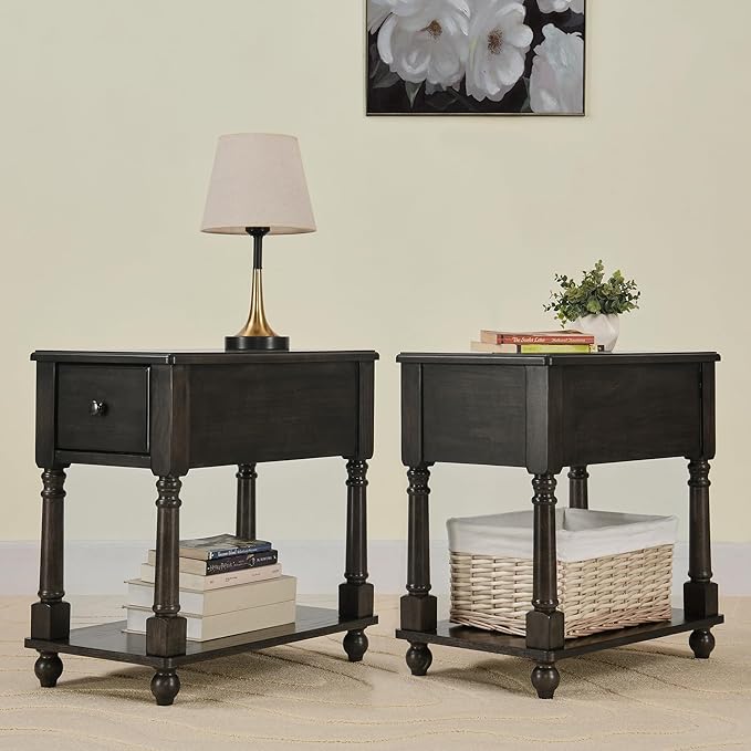 LEEMTORIG Set of 2 Solid Wood End Table Narrow Side Table by LEEMTORIG