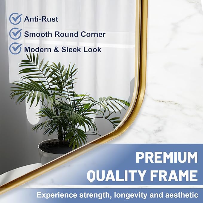 22x30 Inch Brushed Gold Mirror for Bathroom, Rounded Rectangle Mirrors Wall - Image 4