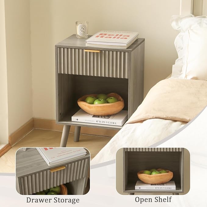 Grey Wood Nightstand with Charging Station, Modern Bedside Table with Fluted - Image 6