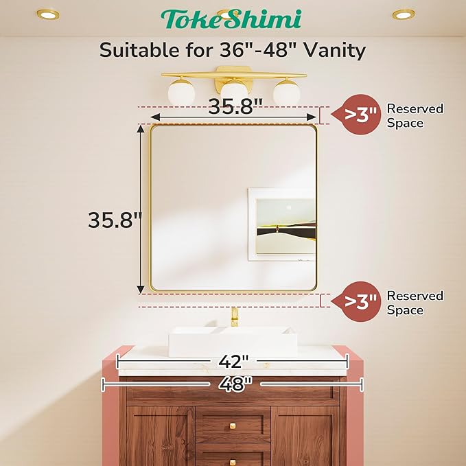 TokeShimi 36x36 Brushed Gold Bathroom Mirror, Bathroom Vanity Mirror Square - Image 2