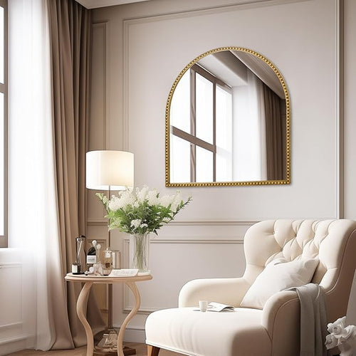 28x26 Inch Arched Bathroom Mirror, Antique Gold Wall Mirror Metal Beaded Frame - Image 2