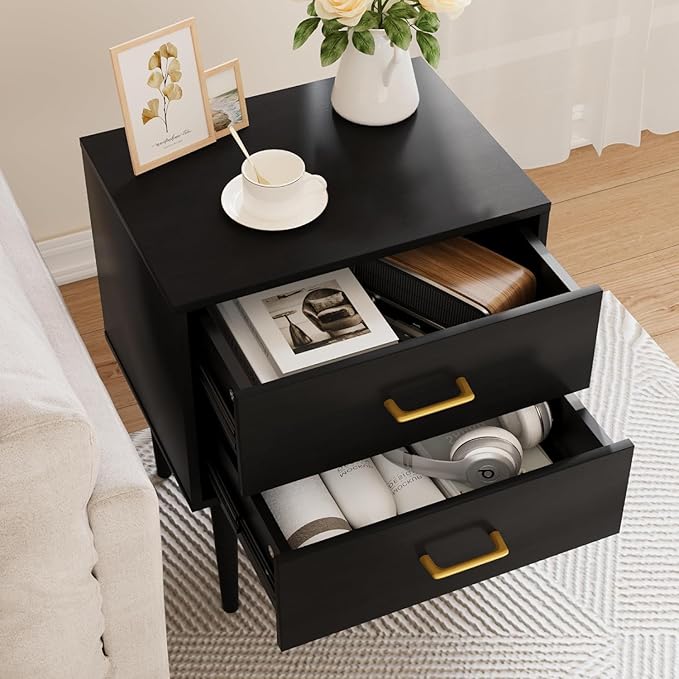 Black Nightstand with 2 Drawers, Tall Modern Night Stand Black, Wooden Night - Image 4