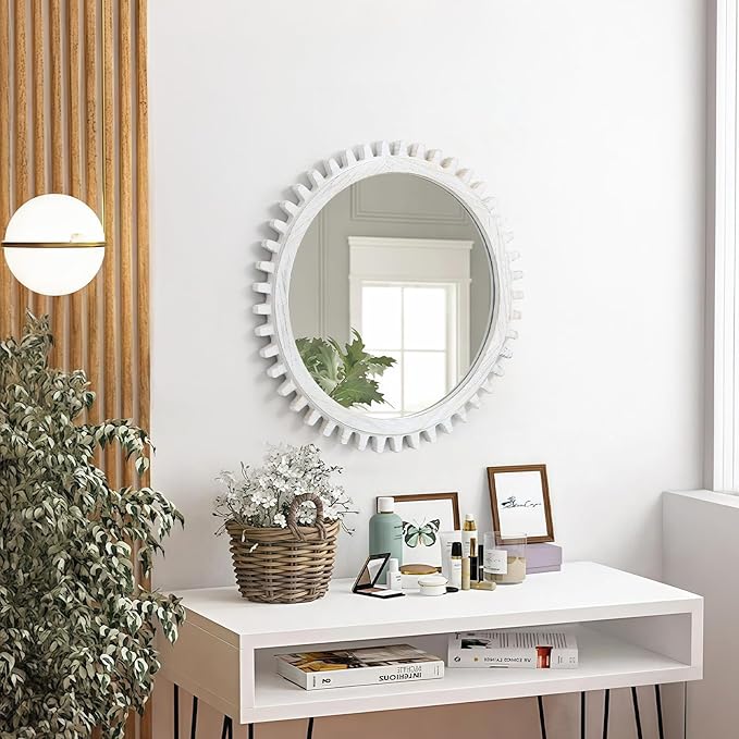 ULIKE Round Wood Mirror, 30 Inch Rustic Farmhouse Circle Mirror - Image 8