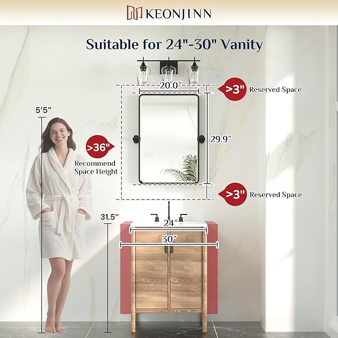 Keonjinn Brushed Nickel Pivot Mirror Bathroom, 20x30 in Tilt Mirror Bathrooms - Image 4