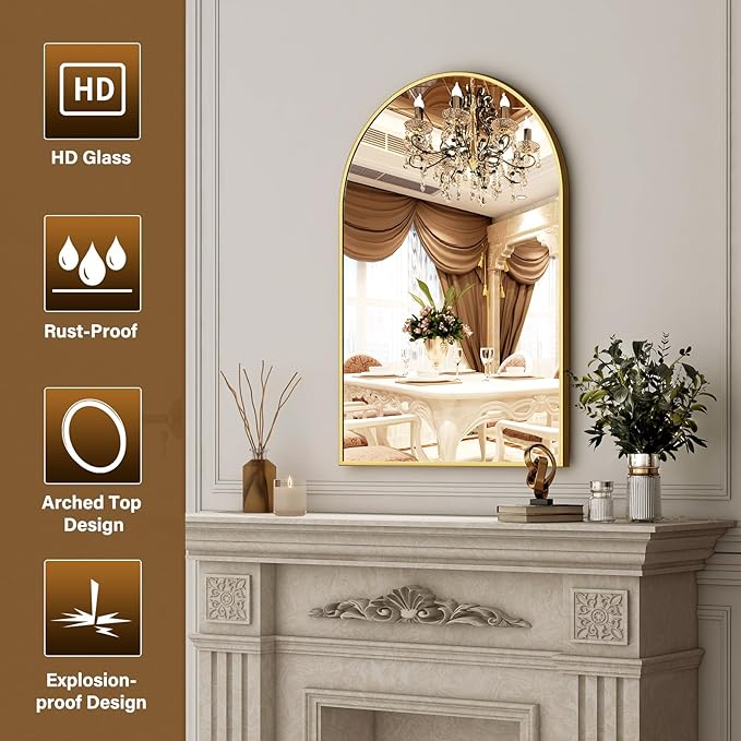 26"x38" Arched Wall Mirror for Bathroom, Living Room, Decorative Hanging Mirror - Image 4