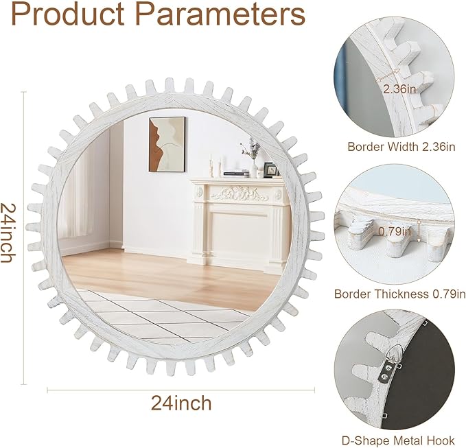 ULIKE Round Wood Mirror, 24 Inch Rustic Farmhouse Circle Mirror - Image 5