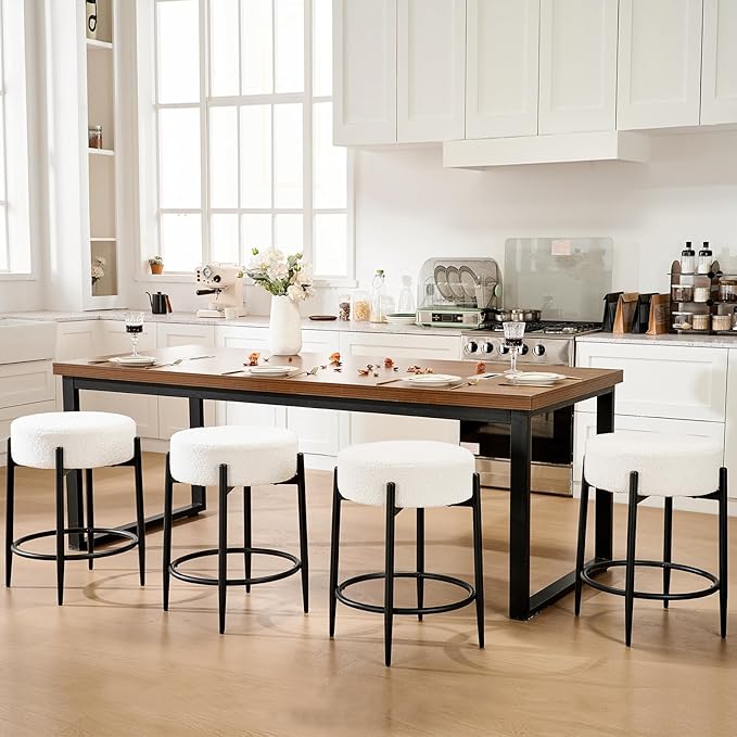 Dining Room Chairs Set of 6, 23.6" Sherpa Backless White Boucle Dining Chair - Image 7