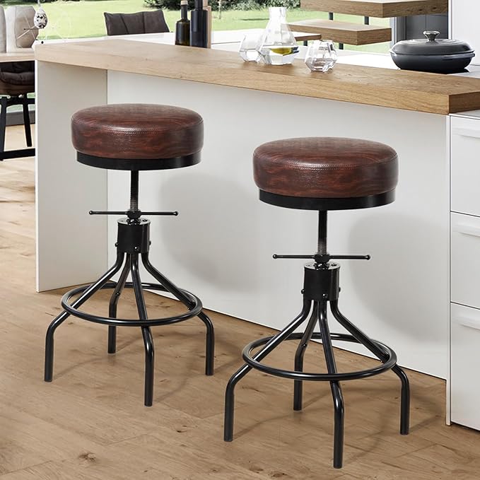 Industrial Barstools Set of 2 Adjustable Swivel Round Bar Stools Modern PU - Image 8