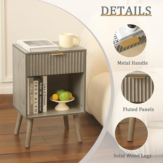 Grey Wood Nightstand with Charging Station, Modern Bedside Table with Fluted - Image 5