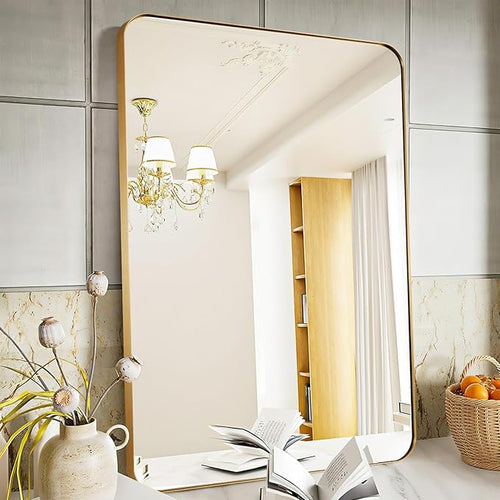 22x30 Inch Brushed Gold Mirror for Bathroom, Rounded Rectangle Mirrors Wall by Mirrorartmirror