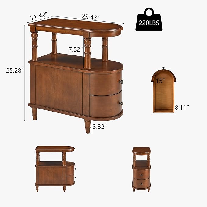 Wood End Table with 2 Drawers and Storage Shelf, Narrow Sofa Side Table - Image 2