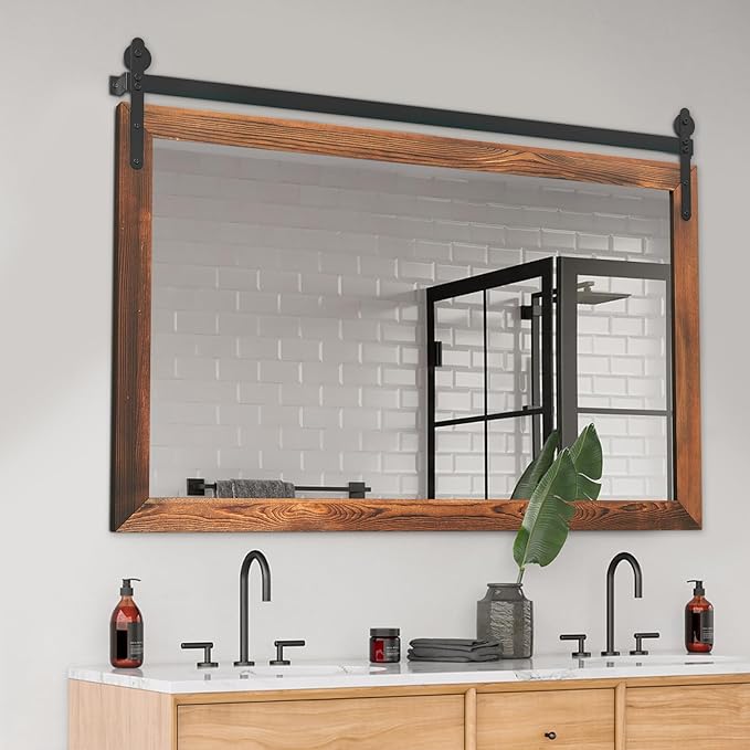 YOSHOOT Farmhouse Barn Door Mirror, Wall Mounted Vintage Mirror, Wooden - Image 2