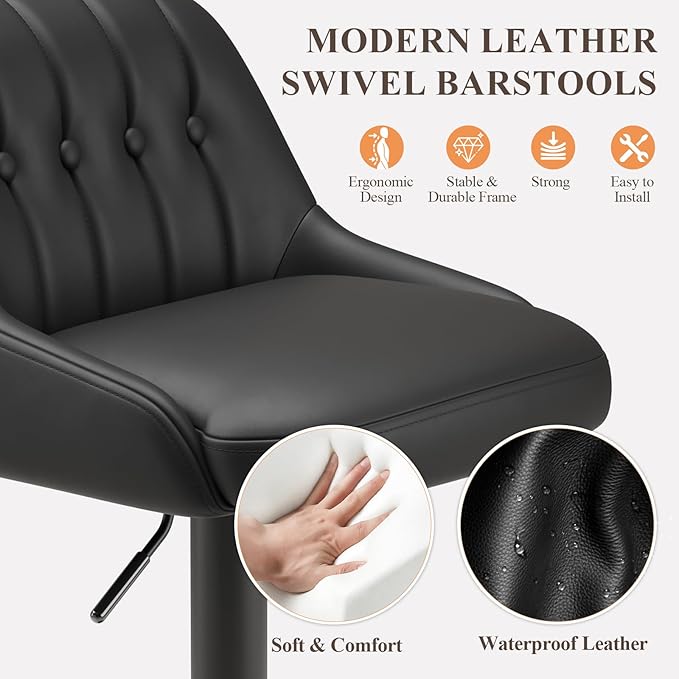 Bar Stools Set of 3, Swivel Bar Chairs, Modern Adjustable PU Leather - Image 6
