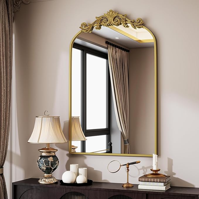 Vintage Arched Wall Mirror, 26x38 inch Retro Arch Bathroom Mirror, Carve - Image 8