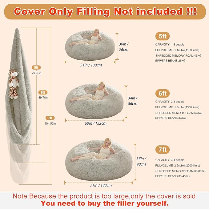 Large Bean Bag Chair Cover, Plush Bean Bags Chairs Cover Only Without Filler - Image 2