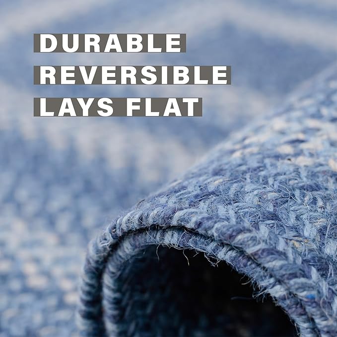 Homespice 20x30” Blue Rectangular Braided Rug. Denim Blue and White Jute Rug. - Image 3